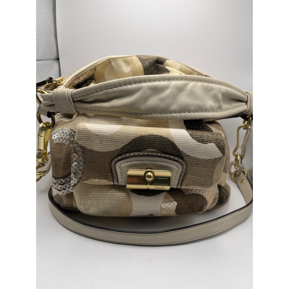 Coach Poppy Storypatch Groovy Sequin Signature Canvas Handbag 14860 Khaki Brown